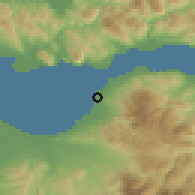 Shaded relief of the 54 km around Pátrai, drawn from the GMTED2010 grid