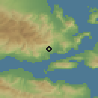 Shaded relief of the 54 km around Pelasyía, drawn from the GMTED2010 grid