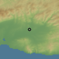 Shaded relief of the 53 km around Áratos, drawn from the GMTED2010 grid