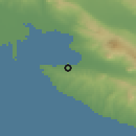 Shaded relief of the 53 km around Peraía, drawn from the GMTED2010 grid