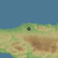 Shaded relief of the 55 km around Pérama, drawn from the GMTED2010 grid