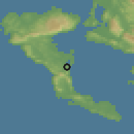 Shaded relief of the 53 km around Pérama, drawn from the GMTED2010 grid