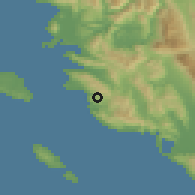 Shaded relief of the 54 km around Pérdika, drawn from the GMTED2010 grid