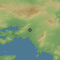 Shaded relief of the 54 km around Peristérion, drawn from the GMTED2010 grid