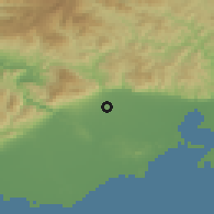 Shaded relief of the 53 km around Petinós, drawn from the GMTED2010 grid