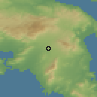 Shaded relief of the 54 km around Peúki, drawn from the GMTED2010 grid