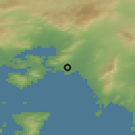 Shaded relief of the 54 km around Piraieús, drawn from the GMTED2010 grid