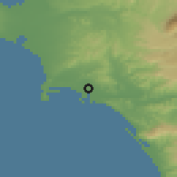 Shaded relief of the 54 km around Pírgos, drawn from the GMTED2010 grid