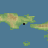 Shaded relief of the 54 km around Pithagório, drawn from the GMTED2010 grid