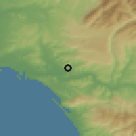 Shaded relief of the 54 km around Plátanos, drawn from the GMTED2010 grid