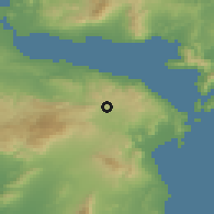Shaded relief of the 54 km around Polidéndrion, drawn from the GMTED2010 grid