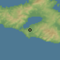 Shaded relief of the 54 km around Polikhnítos, drawn from the GMTED2010 grid