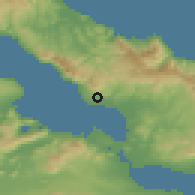 Shaded relief of the 54 km around Politiká, drawn from the GMTED2010 grid