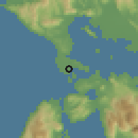 Shaded relief of the 54 km around Préveza, drawn from the GMTED2010 grid