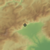 Shaded relief of the 53 km around Prómakhoi, drawn from the GMTED2010 grid