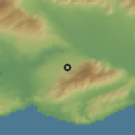 Shaded relief of the 53 km around Próti, drawn from the GMTED2010 grid