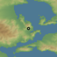 Shaded relief of the 54 km around Pteleós, drawn from the GMTED2010 grid