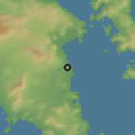 Shaded relief of the 54 km around Rafína, drawn from the GMTED2010 grid