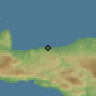 Shaded relief of the 55 km around Réthimnon, drawn from the GMTED2010 grid