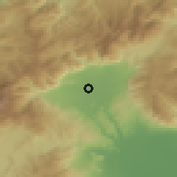 Shaded relief of the 53 km around Aridaía, drawn from the GMTED2010 grid