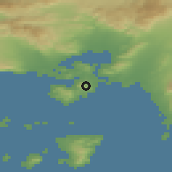 Shaded relief of the 54 km around Salamís, drawn from the GMTED2010 grid
