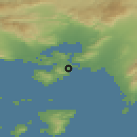 Shaded relief of the 54 km around Selínia, drawn from the GMTED2010 grid