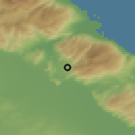 Shaded relief of the 53 km around Sikoúrion, drawn from the GMTED2010 grid