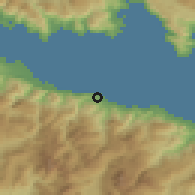 Shaded relief of the 54 km around Silivainiótika, drawn from the GMTED2010 grid