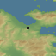 Shaded relief of the 54 km around Arkhaía Kórinthos, drawn from the GMTED2010 grid