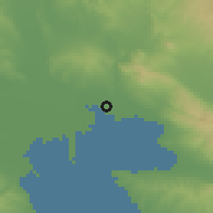 Shaded relief of the 53 km around Síndos, drawn from the GMTED2010 grid