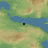 Shaded relief of the 54 km around Skála Oropoú, drawn from the GMTED2010 grid
