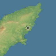 Shaded relief of the 55 km around Arkhángelos, drawn from the GMTED2010 grid