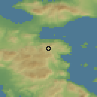 Shaded relief of the 54 km around Sofikón, drawn from the GMTED2010 grid