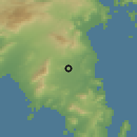 Shaded relief of the 54 km around Spáta, drawn from the GMTED2010 grid