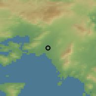 Shaded relief of the 54 km around Taúros, drawn from the GMTED2010 grid