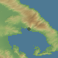 Shaded relief of the 54 km around Agriá, drawn from the GMTED2010 grid