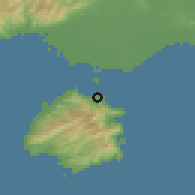 Shaded relief of the 53 km around Thásos, drawn from the GMTED2010 grid
