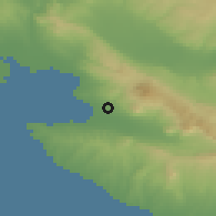 Shaded relief of the 53 km around Thérmi, drawn from the GMTED2010 grid