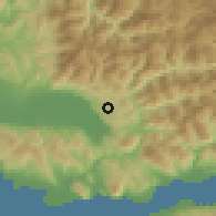 Shaded relief of the 54 km around Thérmon, drawn from the GMTED2010 grid