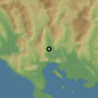 Shaded relief of the 54 km around Thesprotikón, drawn from the GMTED2010 grid