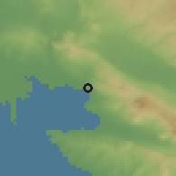Shaded relief of the 53 km around Thessaloníki, drawn from the GMTED2010 grid