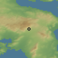 Shaded relief of the 54 km around Thrakomakedónes, drawn from the GMTED2010 grid