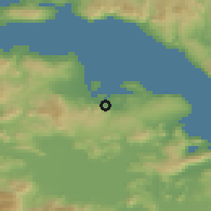 Shaded relief of the 54 km around Tragána, drawn from the GMTED2010 grid