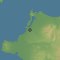 Shaded relief of the 54 km around Várda, drawn from the GMTED2010 grid