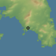 Shaded relief of the 54 km around Vári, drawn from the GMTED2010 grid