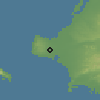 Shaded relief of the 54 km around Vartholomió, drawn from the GMTED2010 grid