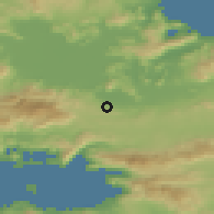 Shaded relief of the 54 km around Váyia, drawn from the GMTED2010 grid
