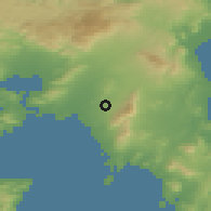 Shaded relief of the 54 km around Víron, drawn from the GMTED2010 grid