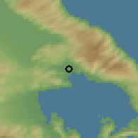 Shaded relief of the 54 km around Vólos, drawn from the GMTED2010 grid