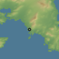 Shaded relief of the 54 km around Voúla, drawn from the GMTED2010 grid
